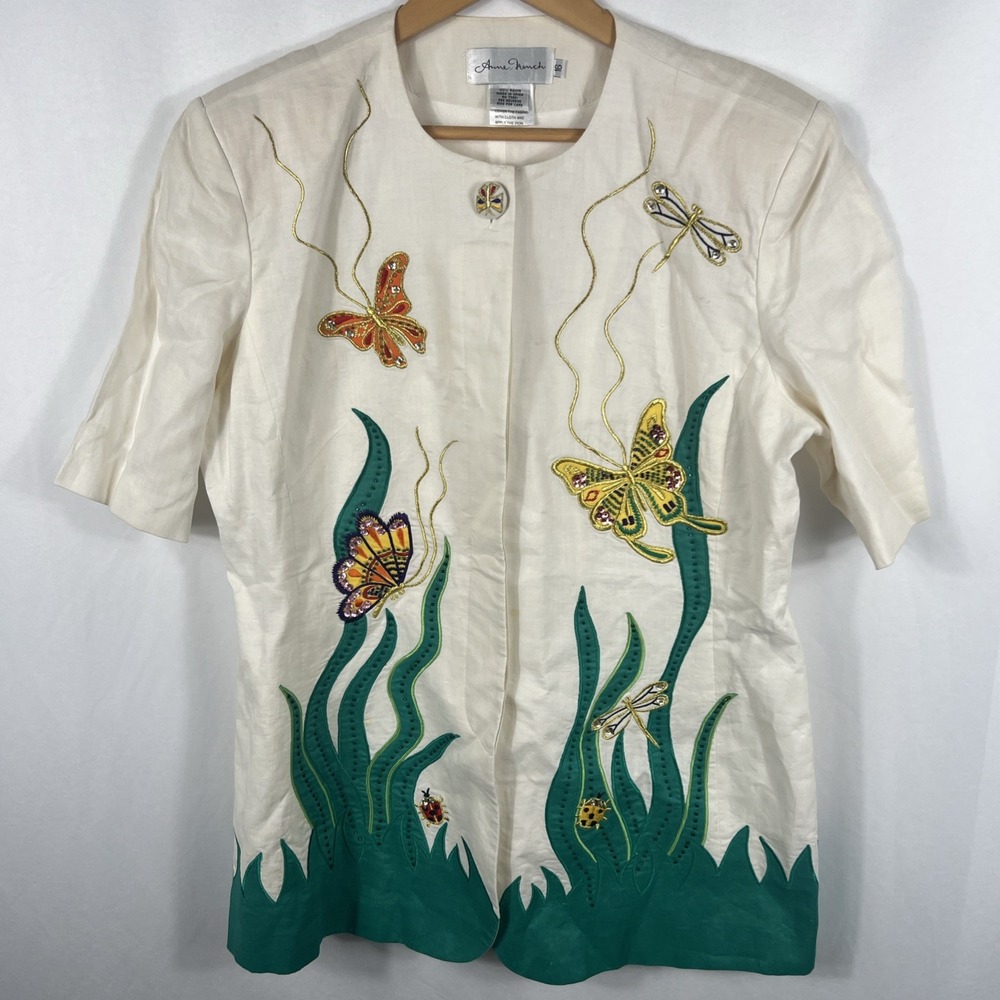 VTG 90's Anne French Women's Button‎ Up Shirt Size 16 Short Sleeve 100% Ramie